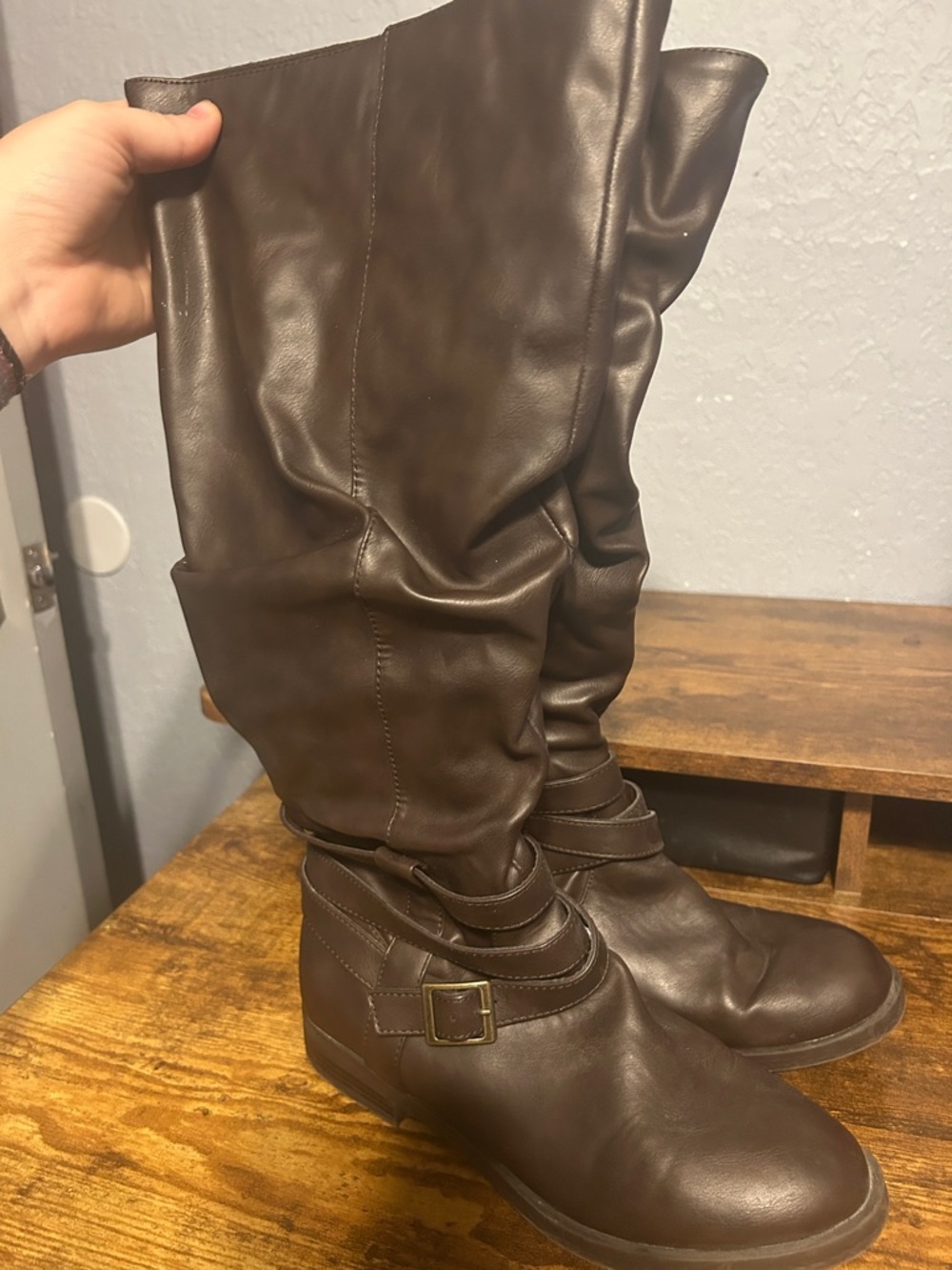 Women's Slouchy Buckle Moto Boots in Dark Brown